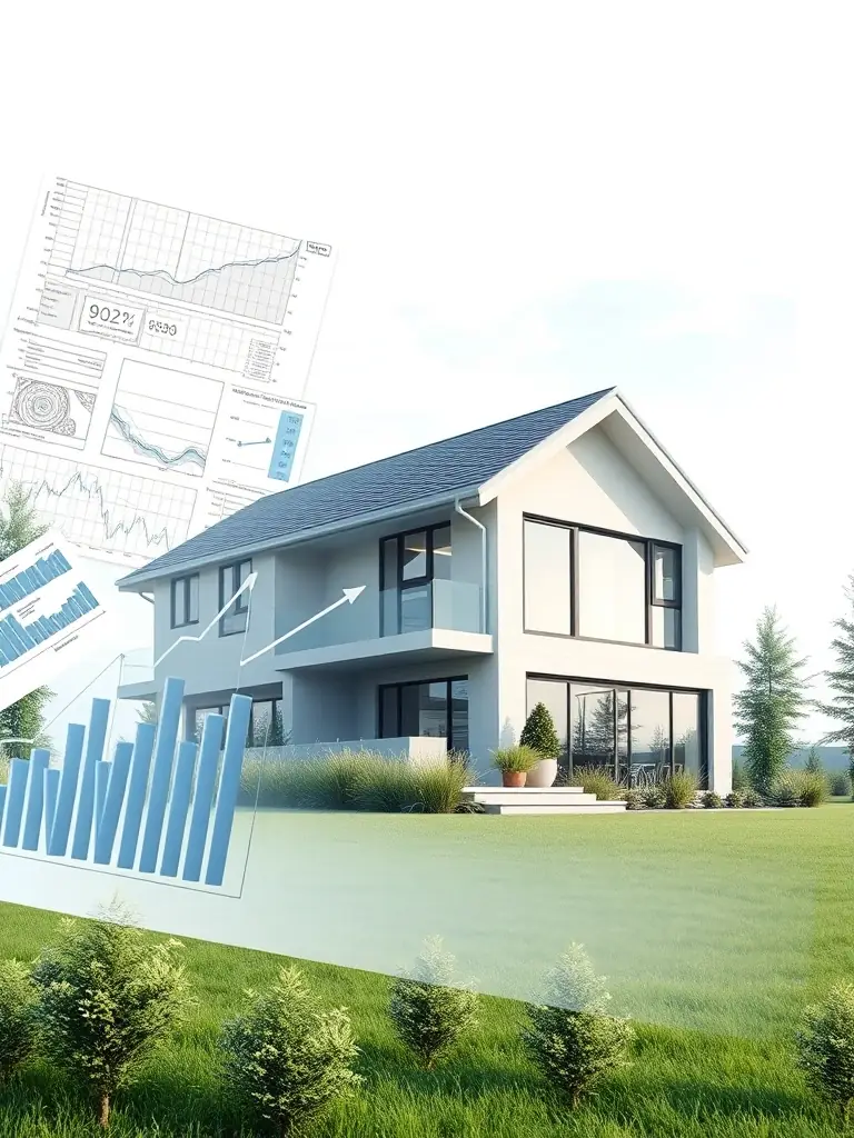 An image of blueprints and financial charts overlaid on a property photo, representing deal structuring and analysis.