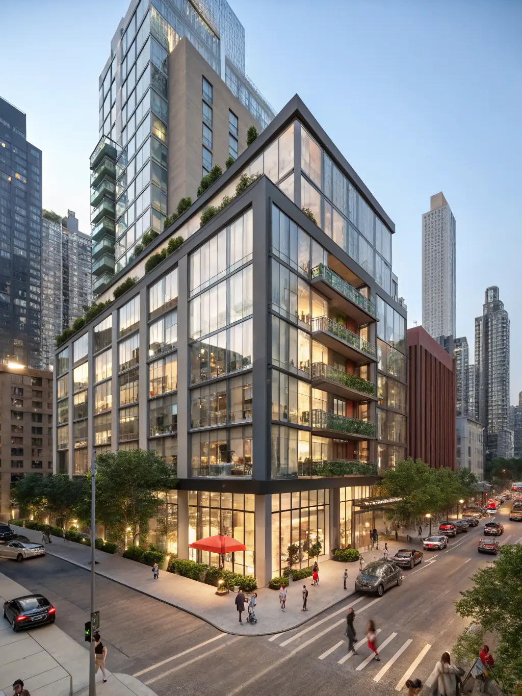 A modern apartment building with large windows and balconies, showcasing a potential multi-family investment opportunity in a thriving urban area. The image should convey a sense of luxury and modern living.