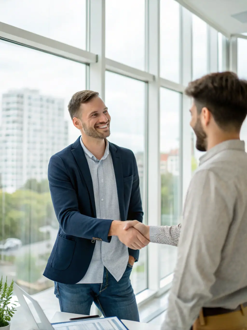 A professional photograph of a real estate agent shaking hands with a client in front of a modern house, symbolizing successful property sourcing.