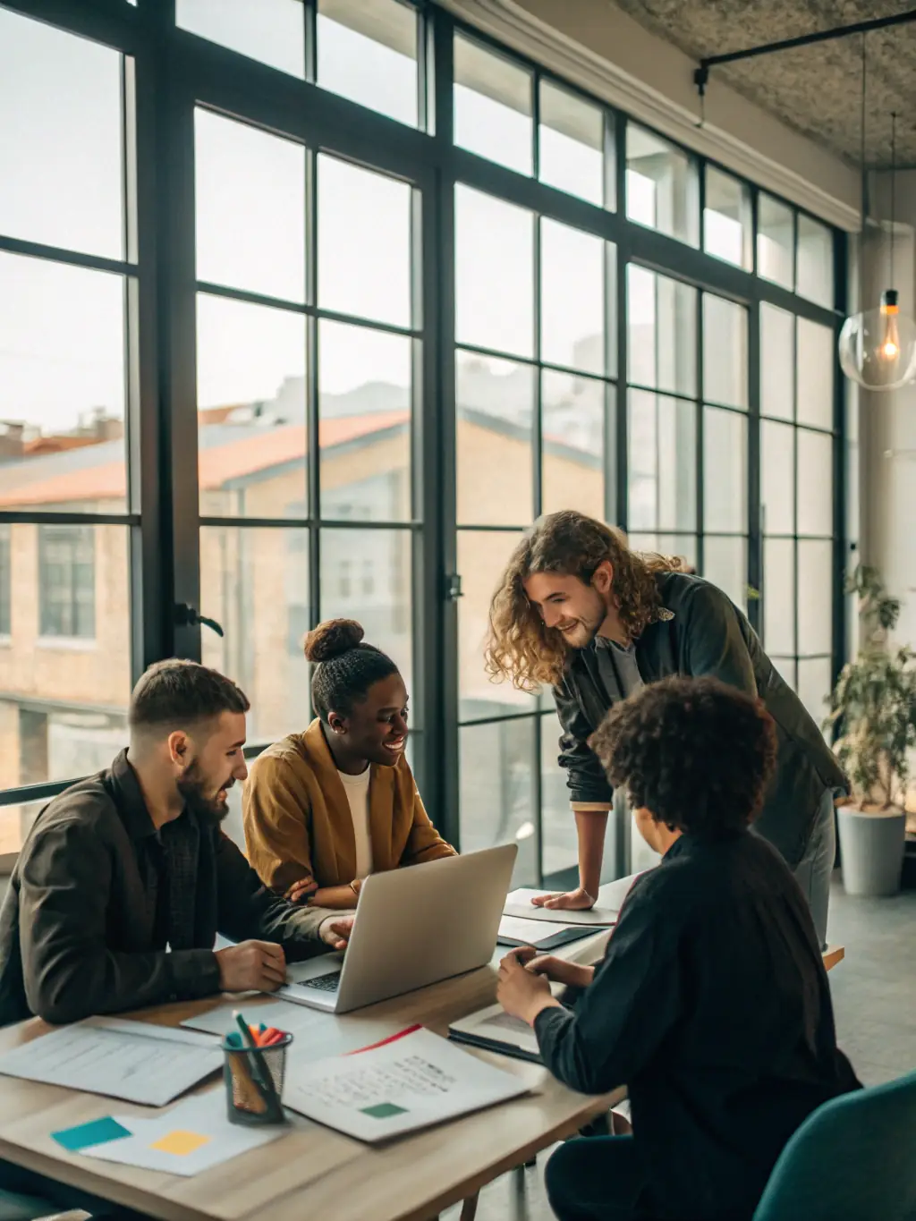 A brightly lit modern office space with employees collaborating around a table, showcasing operational optimization in action.