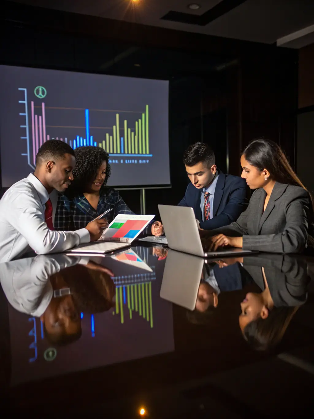 A photograph of a diverse team of business consultants collaborating around a table, reviewing charts and graphs, symbolizing operational optimization and strategic planning.