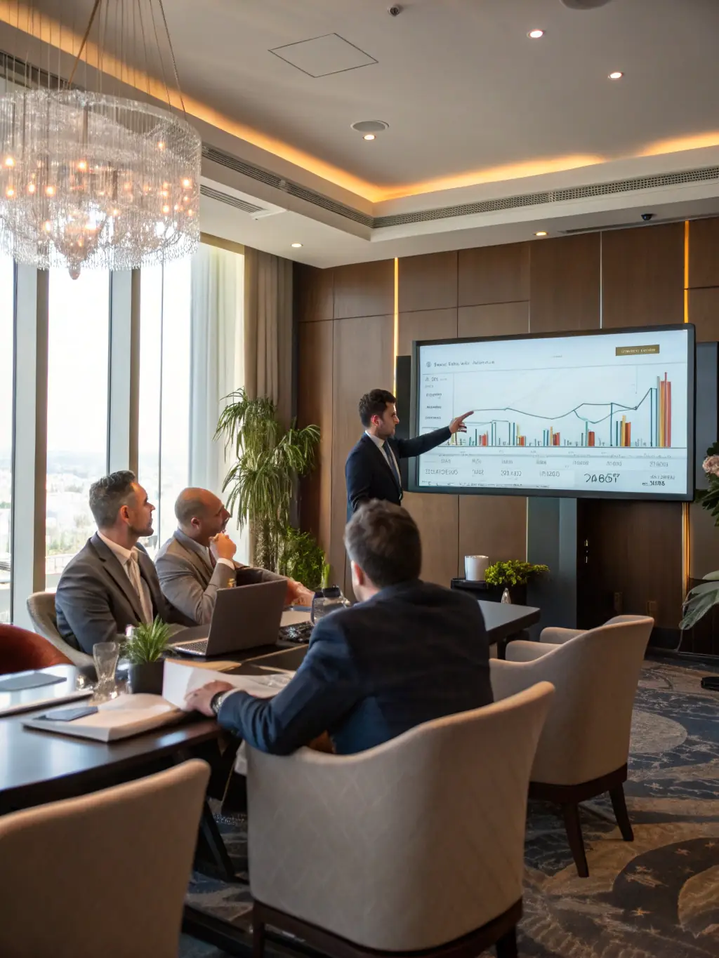 An image depicting a business leader pointing at a growth chart during a strategy meeting, symbolizing sustainable scaling and market expansion.