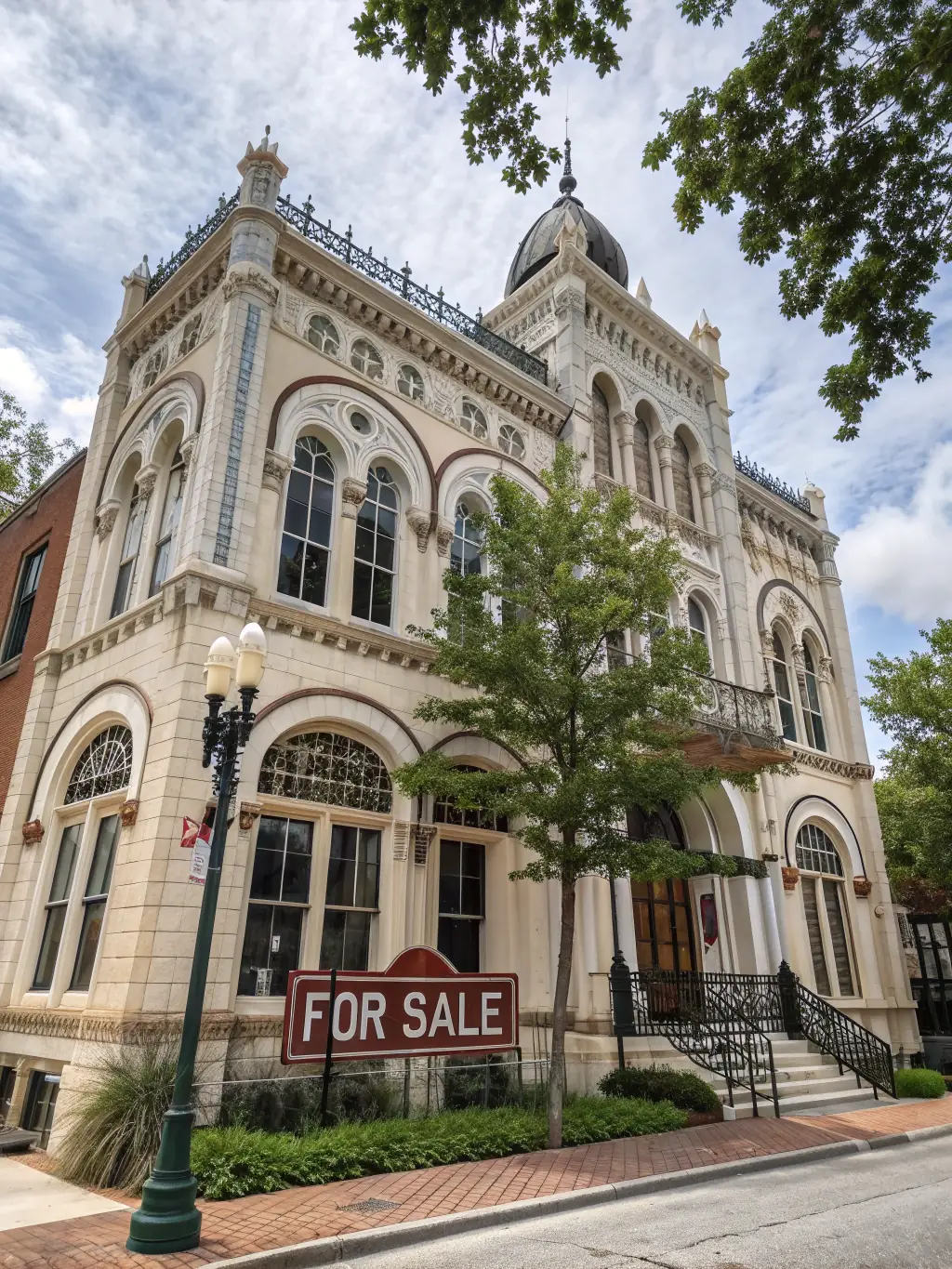 A charming, renovated historic building with exposed brick and modern amenities, representing a unique commercial real estate investment opportunity. The image should highlight the building's character and appeal.